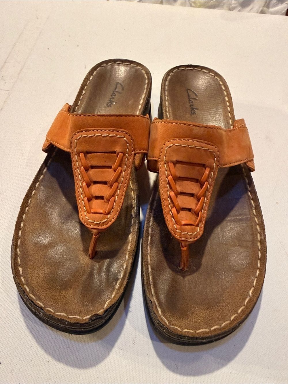 Clarks Orange Leather Toe-Post Sandals with Brown Footbed